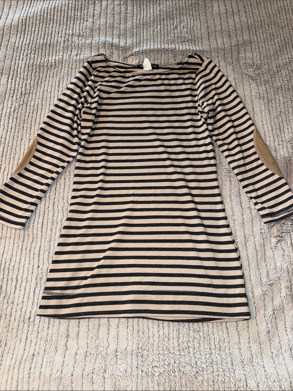 Striped Black and Cream Long-Sleeve Dress/Tunic with Tan Elbow Patches
